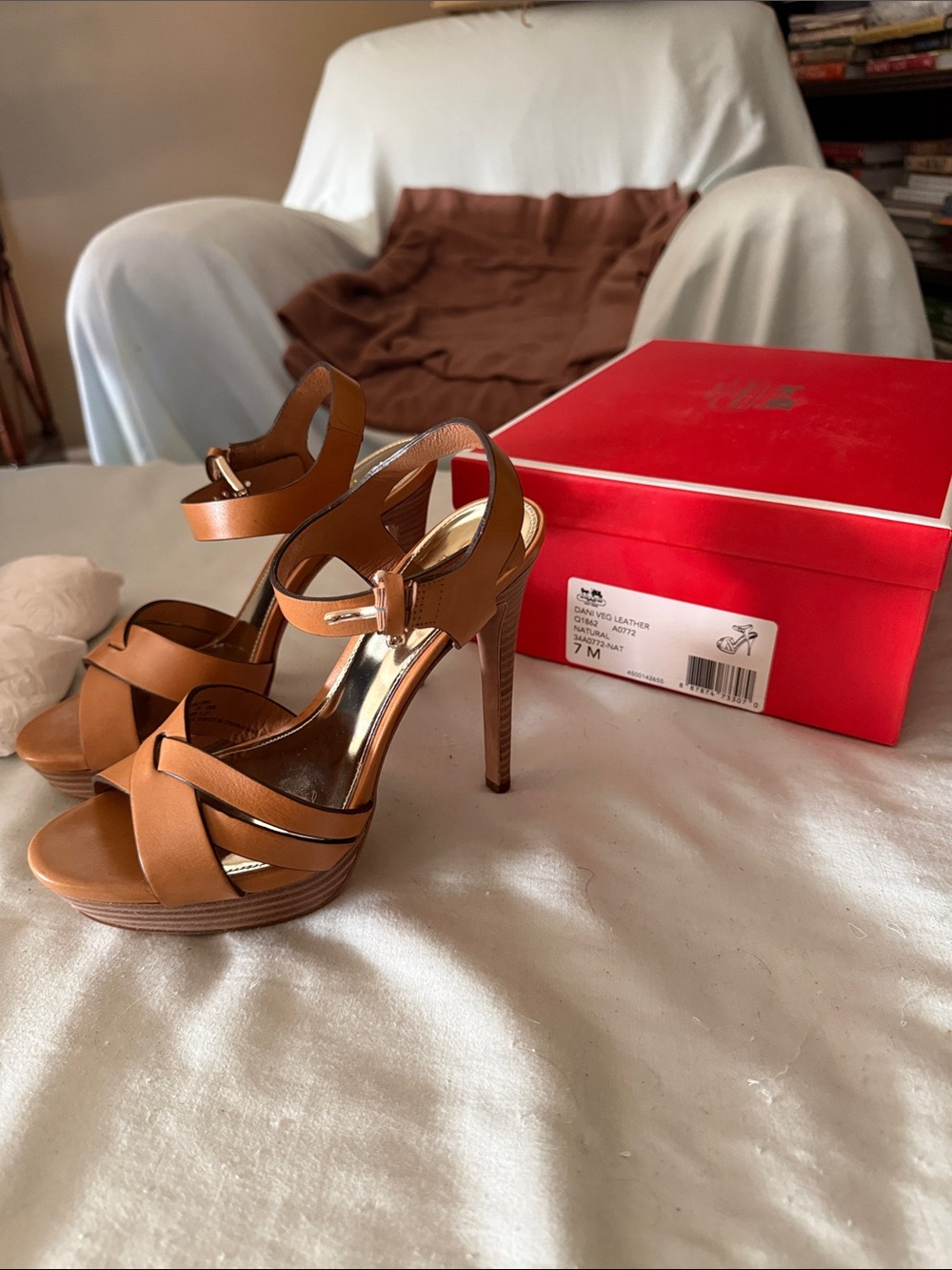 Coach Tan Leather Platform High Heel Sandals